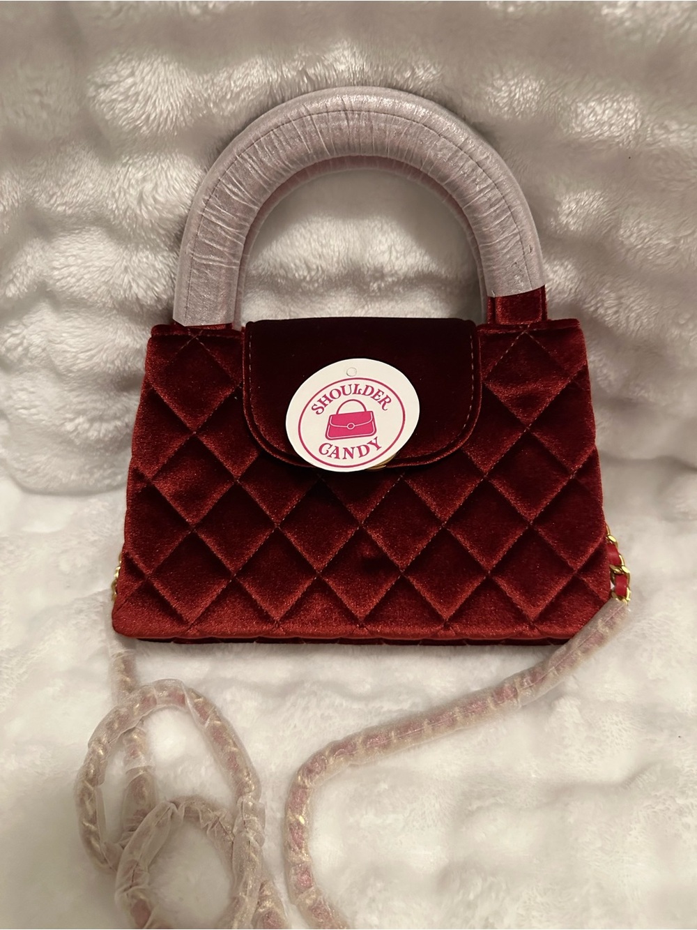 Quilted Velvet Top-Handle Bag in Burgundy and Blush